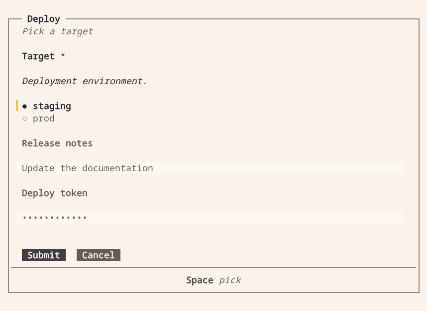 Vis terminal form with Target, Release notes and a masked Deploy token field