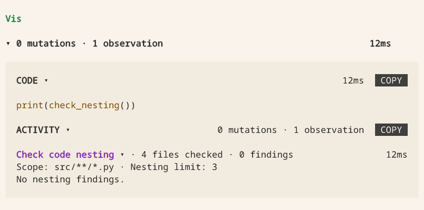 Expanded Check code nesting Activity after the fix: four files checked, zero findings, and No nesting findings.