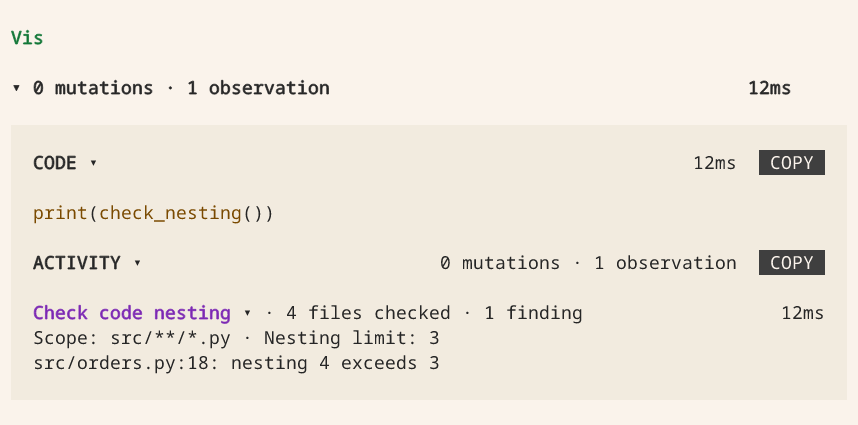 Expanded Check code nesting Activity: four files checked, one finding at src/orders.py line 18, nesting 4 exceeds the limit of 3.